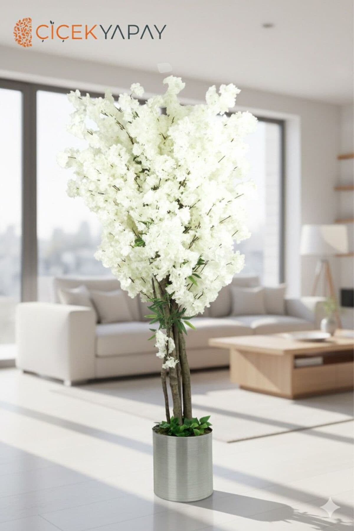 220 cm Dev Boy Yapay Beyaz Bahar Dalı- Kiraz Çiçeği Ağacı (Sakura) - Metal Saksılı